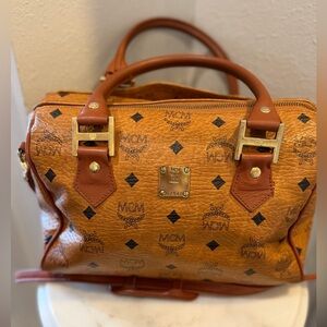 MCM 2 way Cognac Visetos Logo Satchel in Brown and Black with Gold Hardware